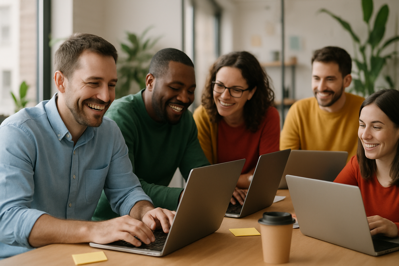 Group in office setting working on laptops